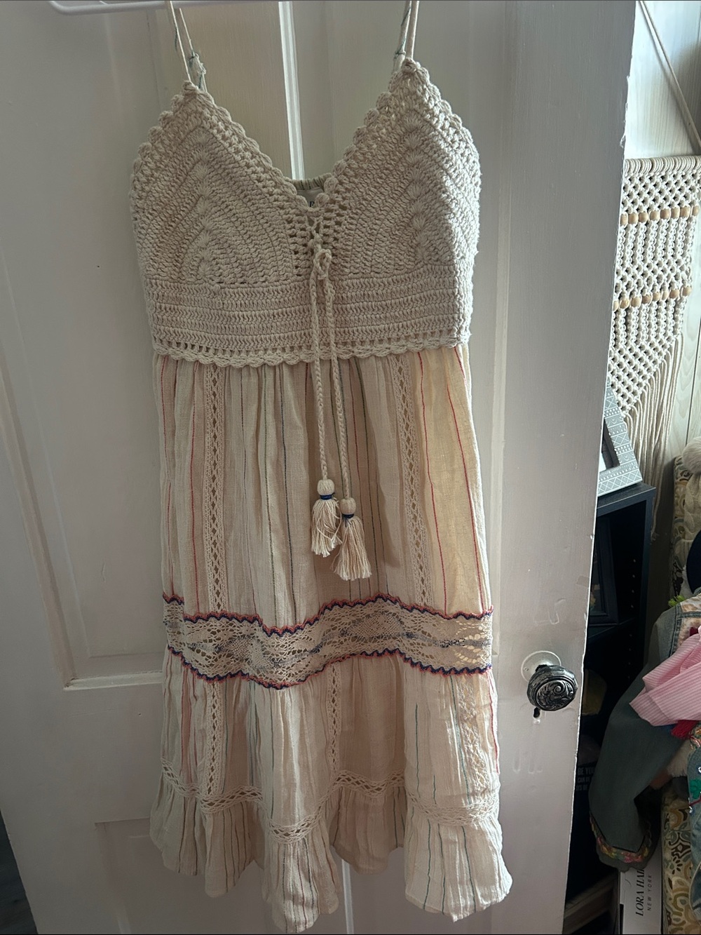 Crochet Bodice Cream Midi Dress with Tassel Detail